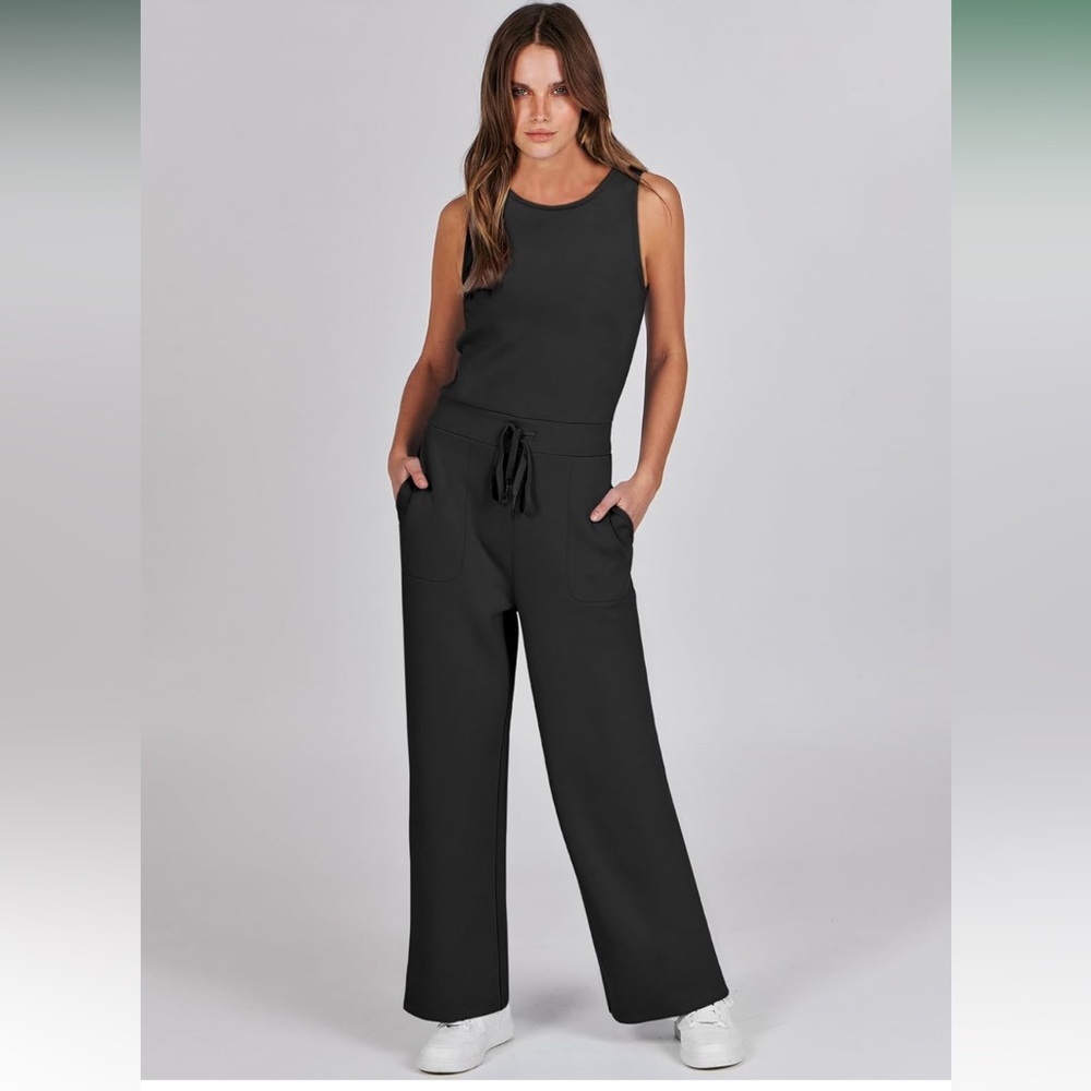 Black Sleeveless Jumpsuit Wide Leg Pants, Women’s Size Large
